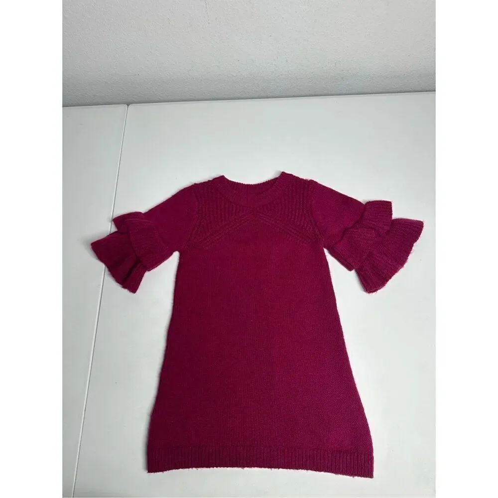 Oshkosh Girls Toddler Berry Fusia Knit Sweater Dress Ruffle Sleeve Size 18 M
